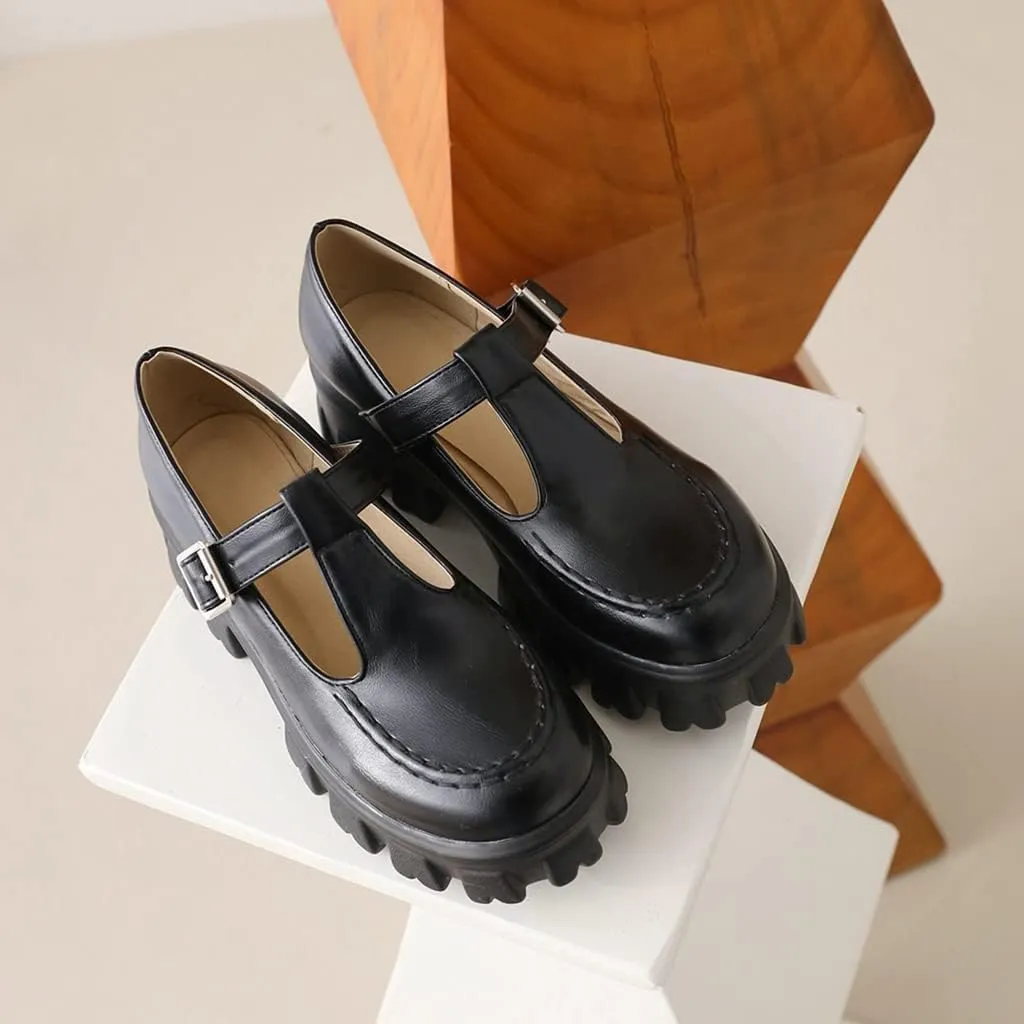 Women's Retro Round Toe T-Strap Mary Jane Pump Shoes Leather Platform Oxford Uniform Dress Pumps
