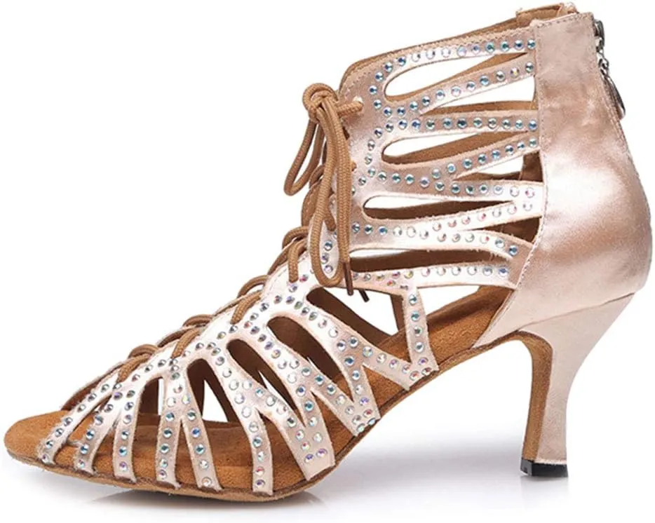 Women's Rhinestone Latin Ballroom Ankle Dance Shoes Peep Toe Salsa Tango Performance Dancing Boots,Model-L415
