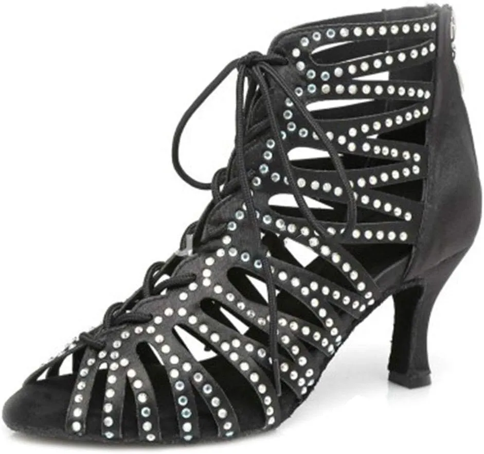 Women's Rhinestone Latin Ballroom Ankle Dance Shoes Peep Toe Salsa Tango Performance Dancing Boots,Model-L415