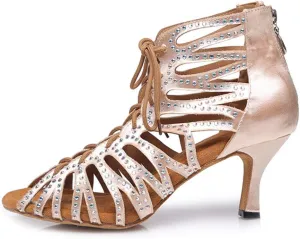 Women's Rhinestone Latin Ballroom Ankle Dance Shoes Peep Toe Salsa Tango Performance Dancing Boots,Model-L415