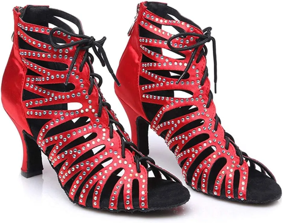 Women's Rhinestone Latin Ballroom Ankle Dance Shoes Peep Toe Salsa Tango Performance Dancing Boots,Model-L415