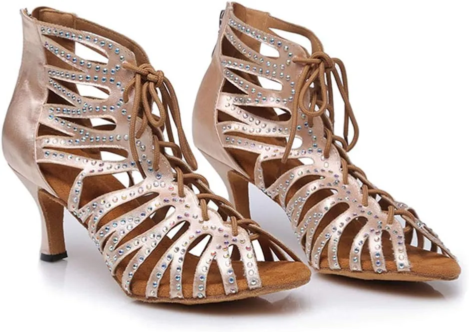 Women's Rhinestone Latin Ballroom Ankle Dance Shoes Peep Toe Salsa Tango Performance Dancing Boots,Model-L415