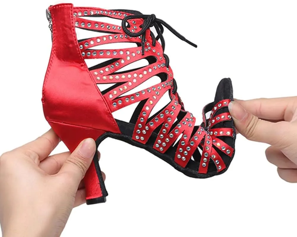 Women's Rhinestone Latin Ballroom Ankle Dance Shoes Peep Toe Salsa Tango Performance Dancing Boots,Model-L415