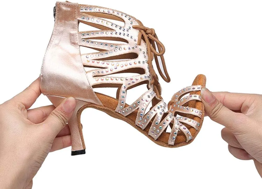 Women's Rhinestone Latin Ballroom Ankle Dance Shoes Peep Toe Salsa Tango Performance Dancing Boots,Model-L415