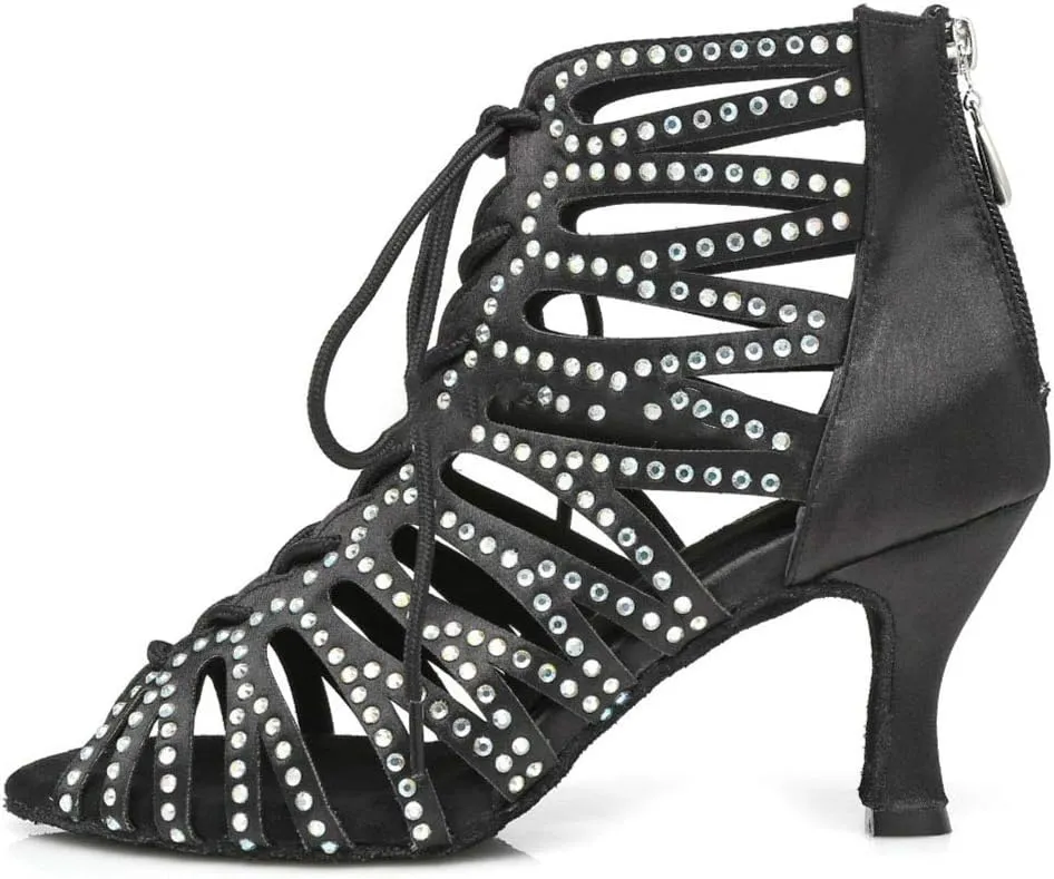 Women's Rhinestone Latin Ballroom Ankle Dance Shoes Peep Toe Salsa Tango Performance Dancing Boots,Model-L415