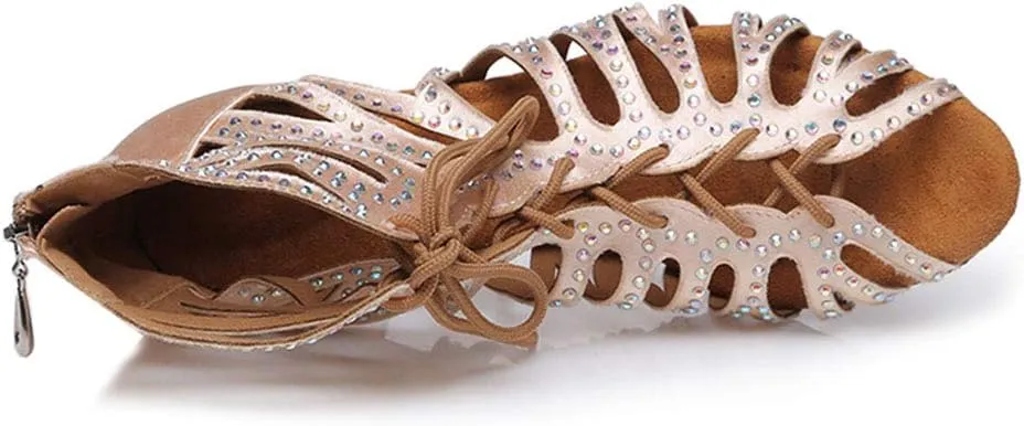 Women's Rhinestone Latin Ballroom Ankle Dance Shoes Peep Toe Salsa Tango Performance Dancing Boots,Model-L415