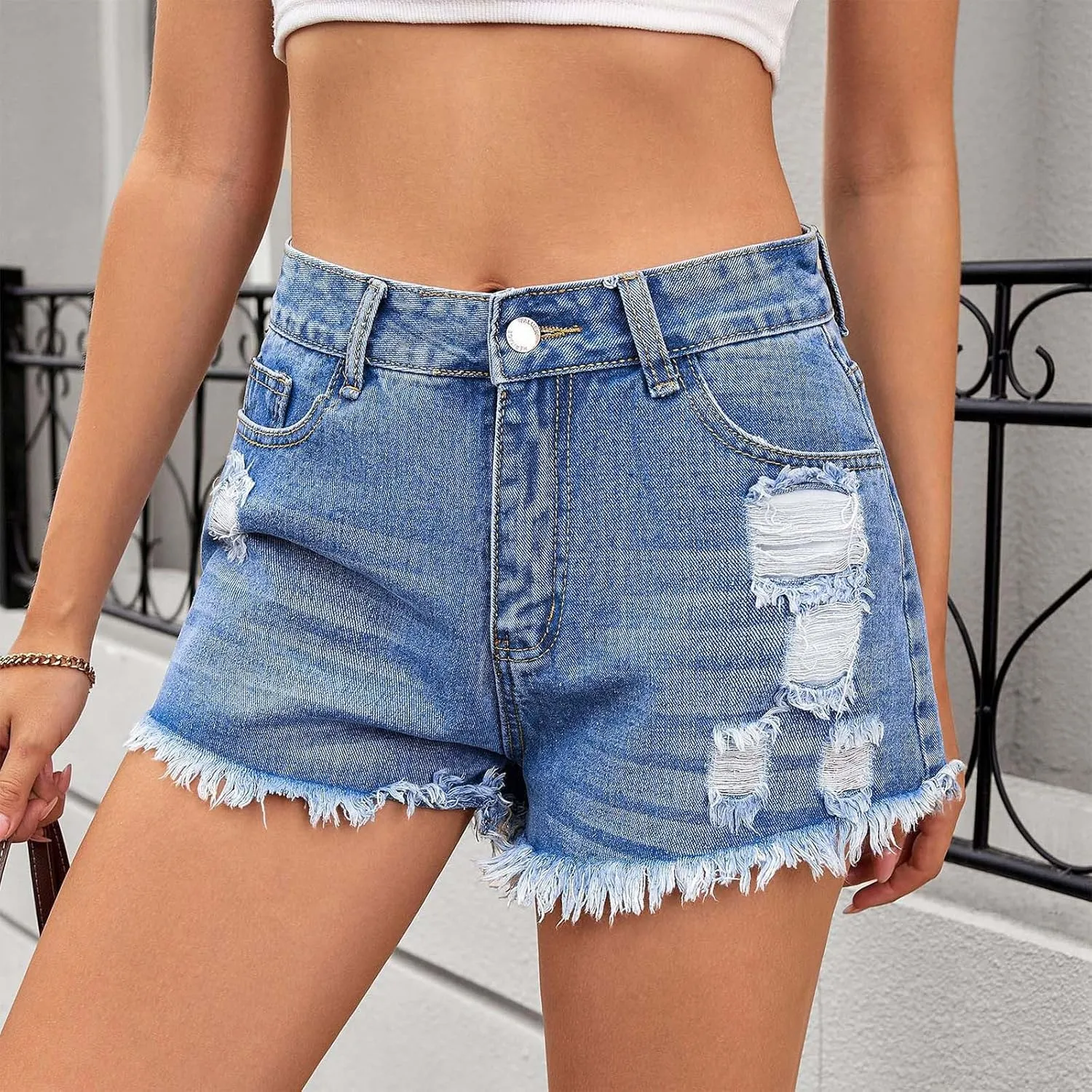 Women's Ripped Denim Shorts Button Zipper High Waisted Summer Fashion Jean Shorts Sexy Hot Pants