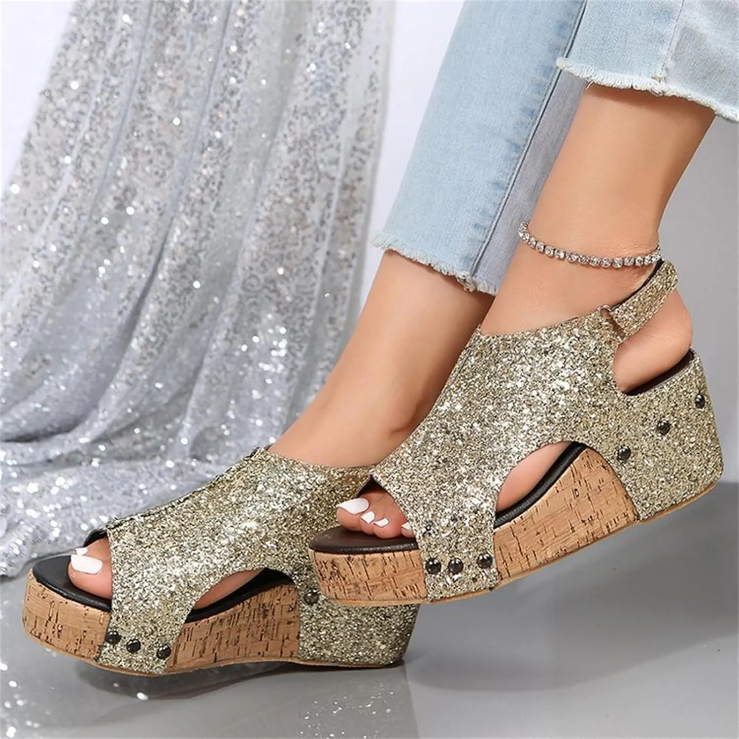 Women's Sandals Comfortable Walking Open Toe Ankle Strap Casual Flatform Platform Wedge Sandals Rhinestone Summer Dress Shoes
