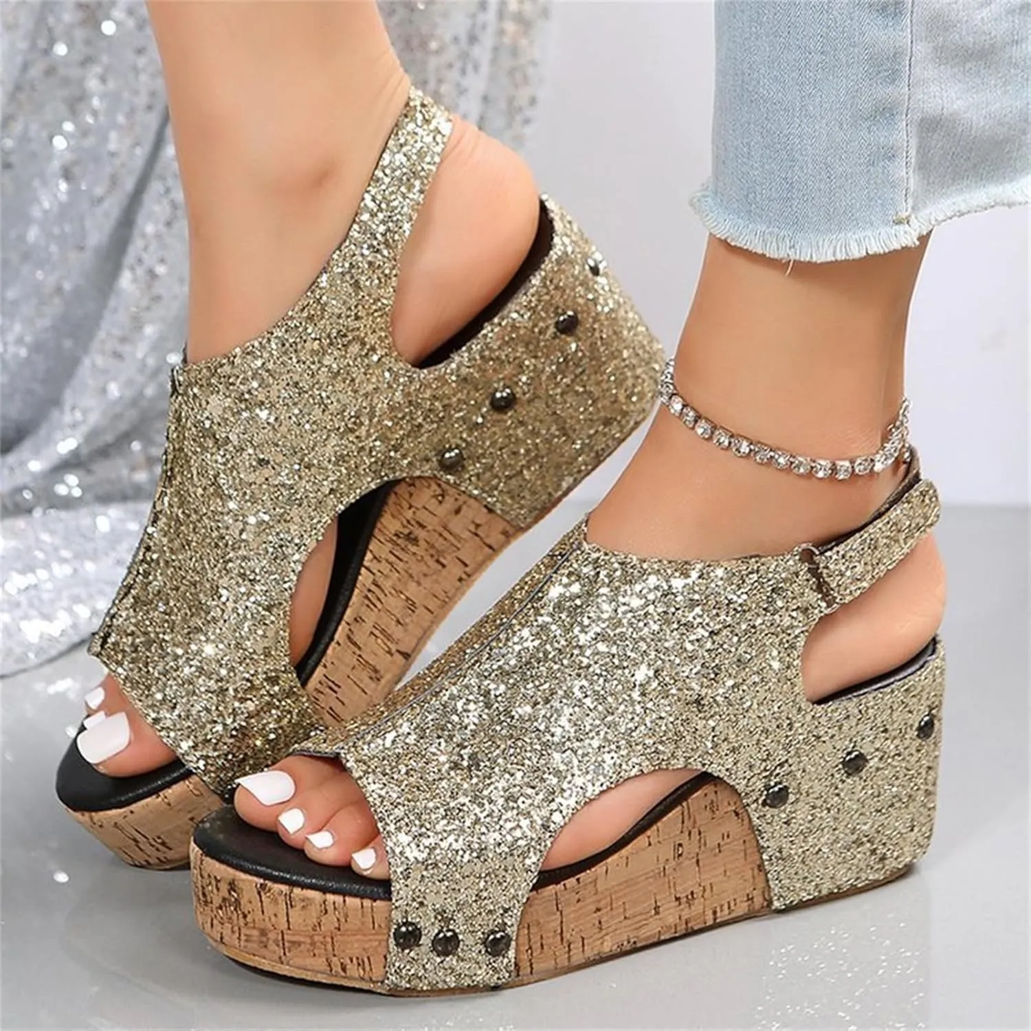 Women's Sandals Comfortable Walking Open Toe Ankle Strap Casual Flatform Platform Wedge Sandals Rhinestone Summer Dress Shoes
