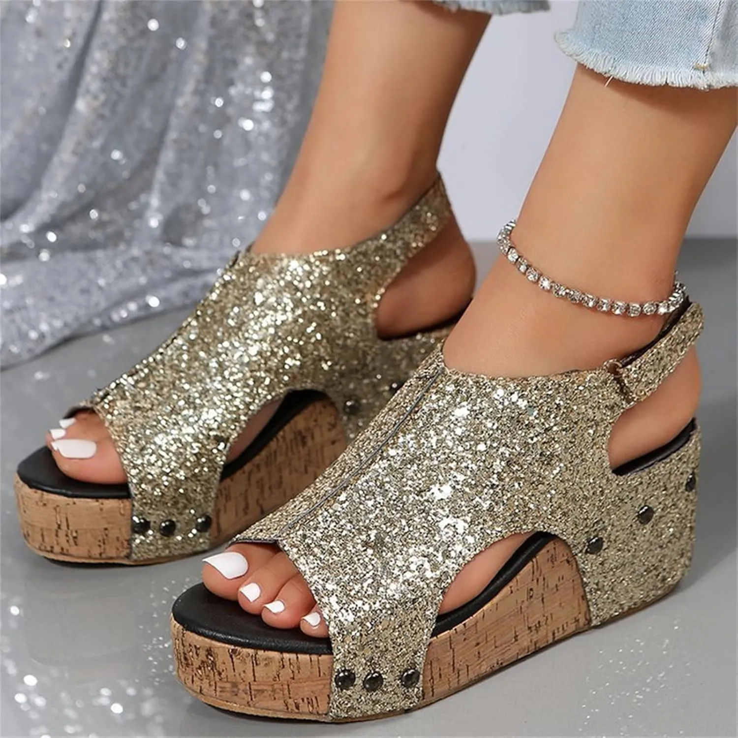 Women's Sandals Comfortable Walking Open Toe Ankle Strap Casual Flatform Platform Wedge Sandals Rhinestone Summer Dress Shoes
