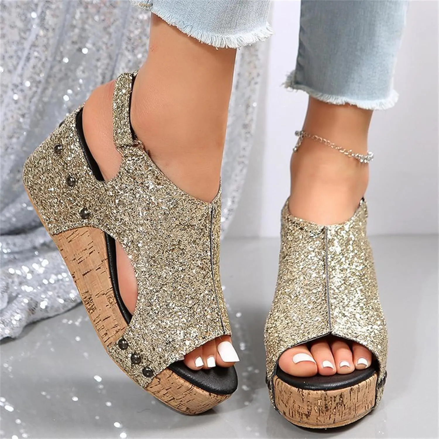 Women's Sandals Comfortable Walking Open Toe Ankle Strap Casual Flatform Platform Wedge Sandals Rhinestone Summer Dress Shoes