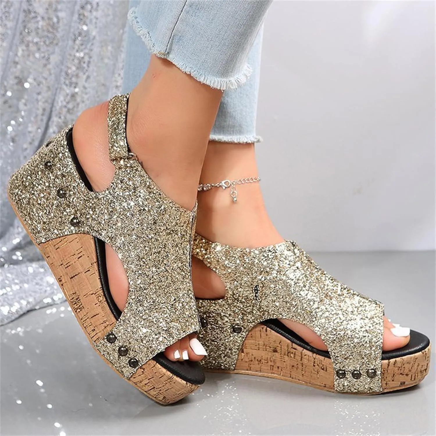 Women's Sandals Comfortable Walking Open Toe Ankle Strap Casual Flatform Platform Wedge Sandals Rhinestone Summer Dress Shoes