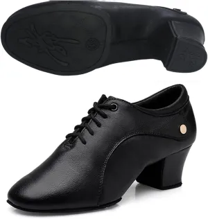 Women's Social Dance Shoes Rubber Sole Leather Lace Up Breathable Outdoor Ballroom Dance Pratice Shoes Tango Waltz Salsa Modern Dance Performance Shoes (Color : Black-A, Size : 5)