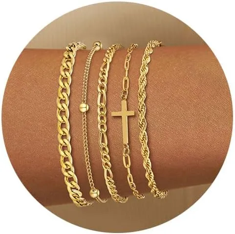 Women's Stackable Gold Bracelet Set - 14k Gold Plated Layered Chain Bracelets,Hypoallergenic Stainless Steel Charm Adjustable Gold Cross Link Jewelry,Christmas Valentine's Day Birthday Gift for Her