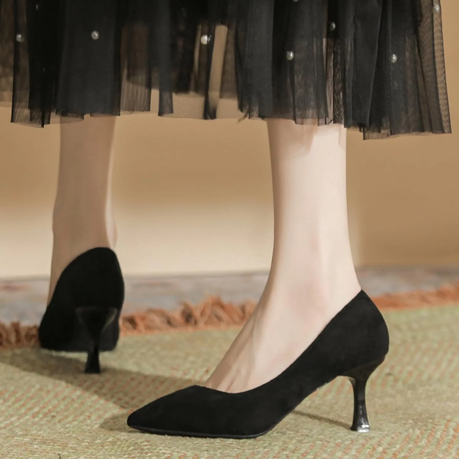 Women's Suede Pointed Toe Kitten Heel Pumps Classic Slip-On Mid Heel Office Business Dress Shoes Sexy Non-Slip Prom Party Wedding Shoes
