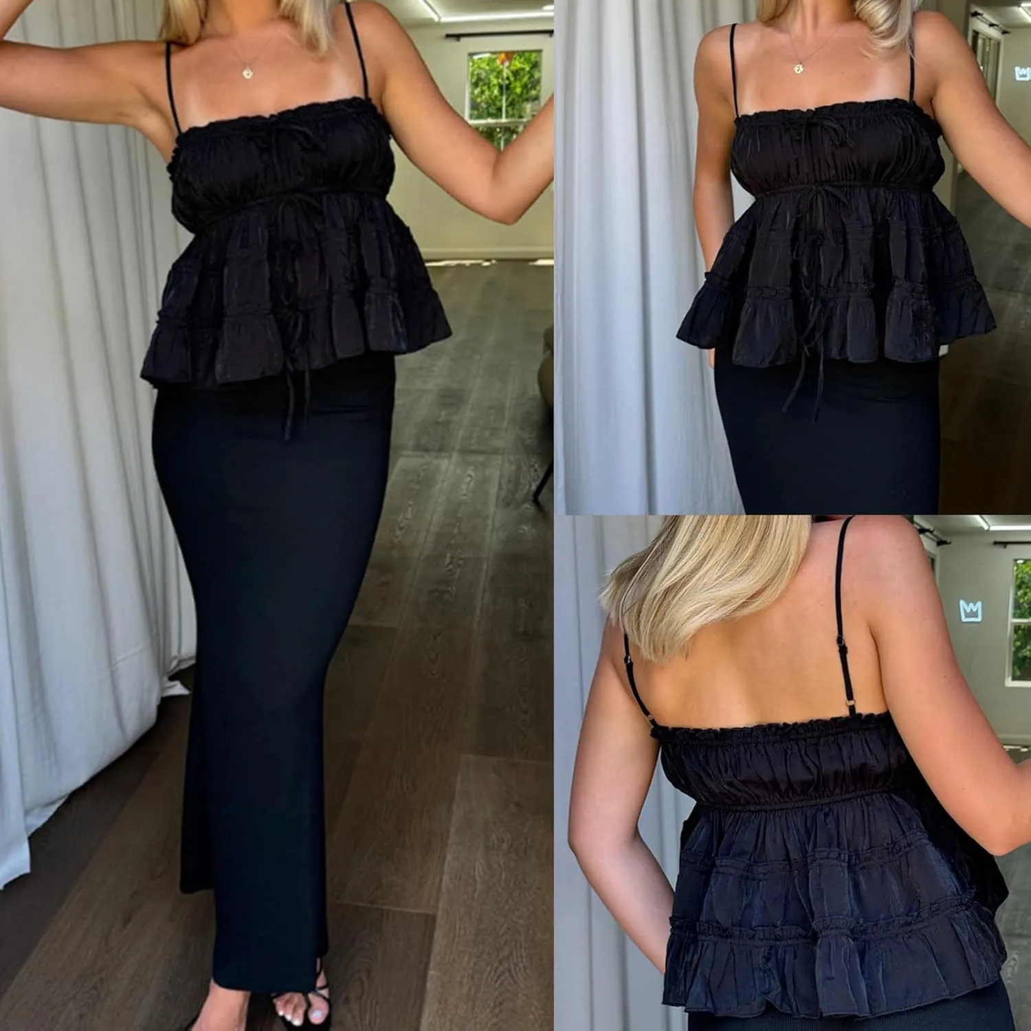 Women's Summer Babydoll Tops Sleeveless Spaghetti Strap Smocked Camisole Cami Tank Tops