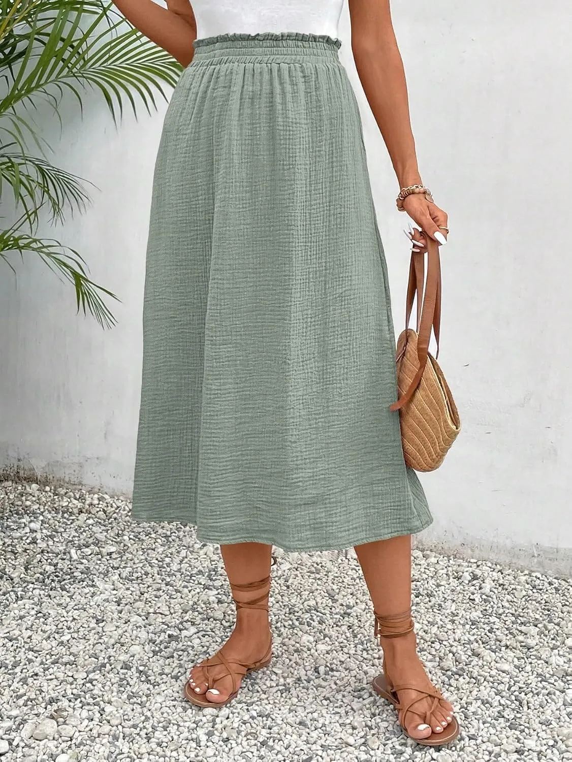 Womens Summer Flowy Skirt Dress Solid Paperbag Waist Midi Skirt
