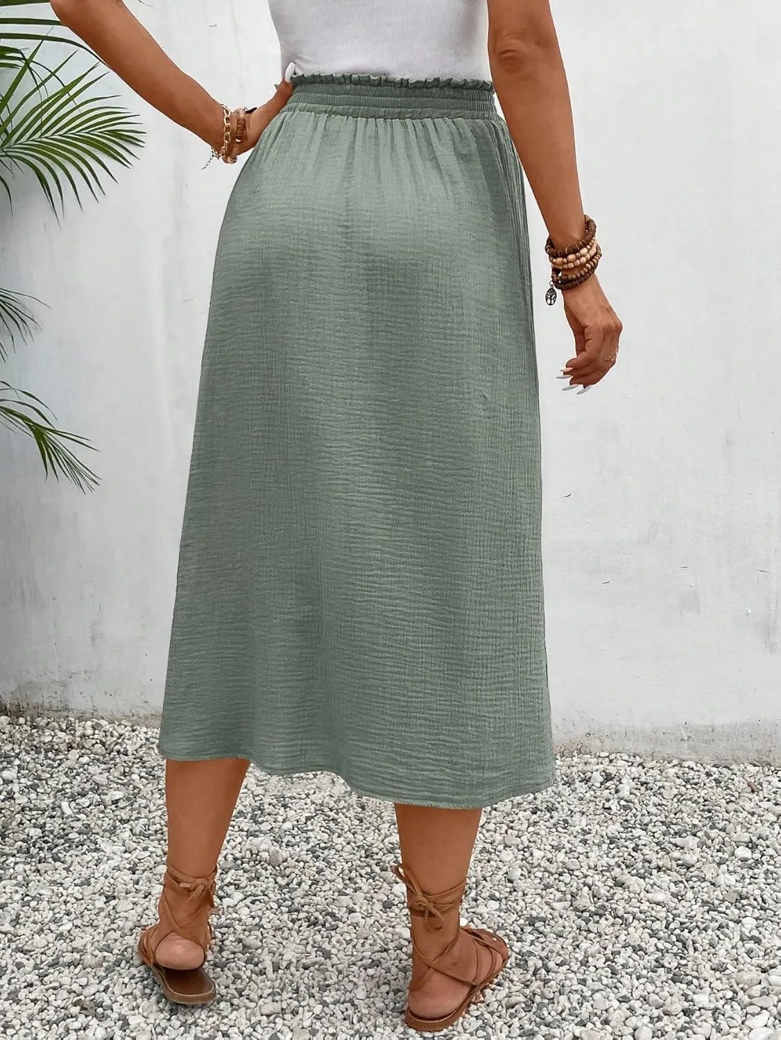 Womens Summer Flowy Skirt Dress Solid Paperbag Waist Midi Skirt