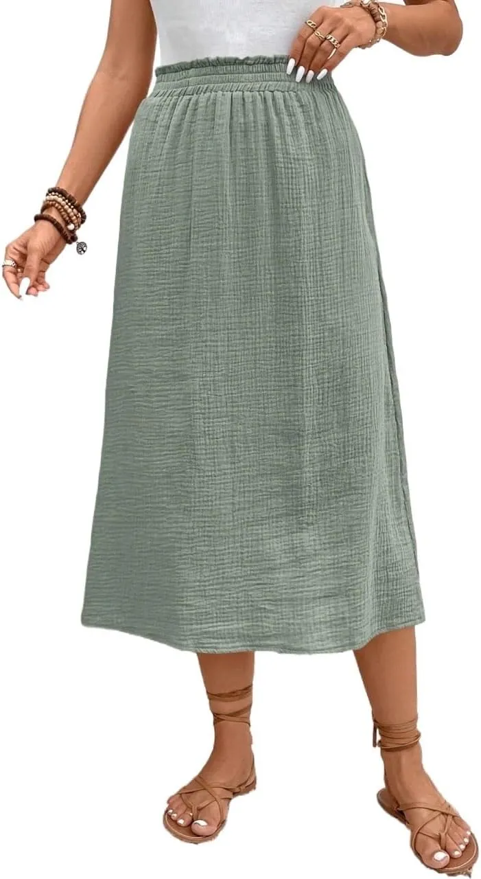 Womens Summer Flowy Skirt Dress Solid Paperbag Waist Midi Skirt