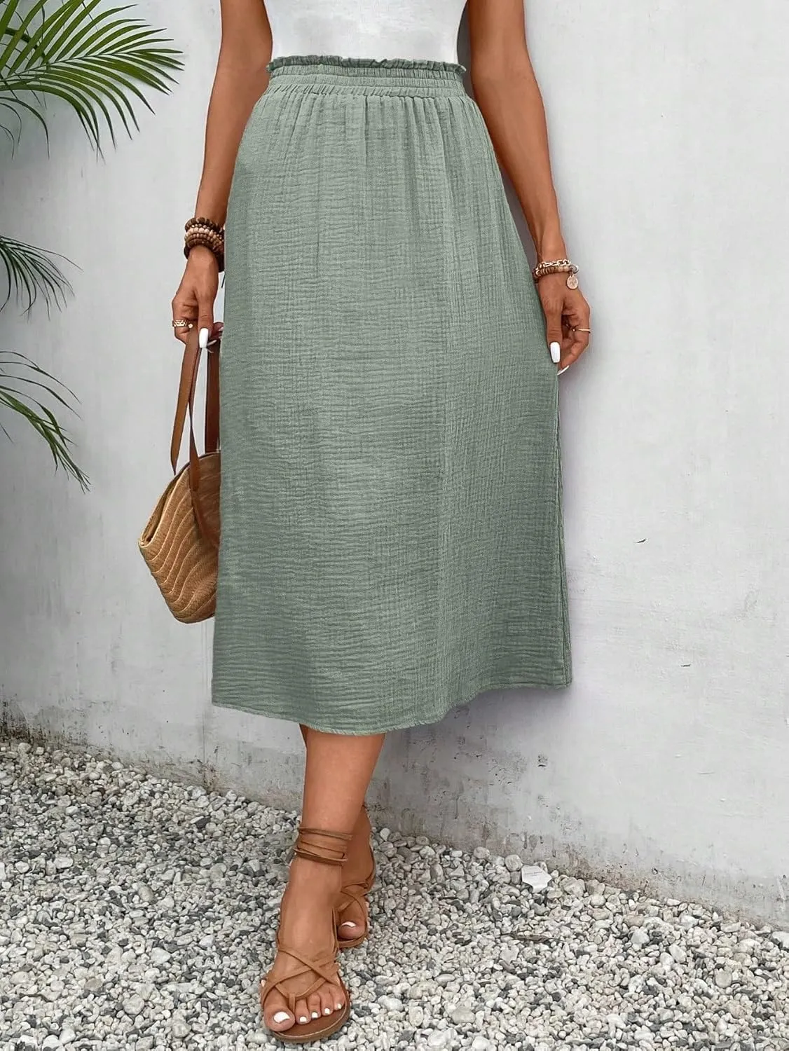Womens Summer Flowy Skirt Dress Solid Paperbag Waist Midi Skirt