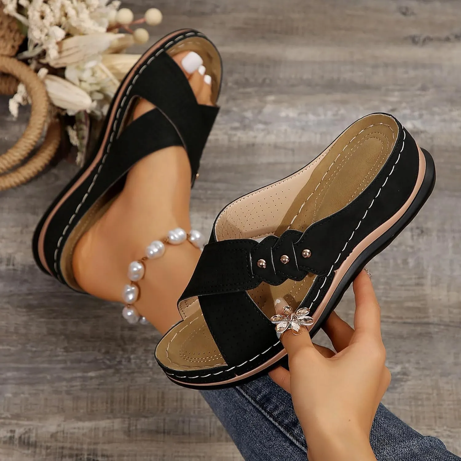 Womens Wedge Sandals Dressy Cross Strap Flowers Slide Platform Sandals Casual Arch Support Slippers Slip On Shoes