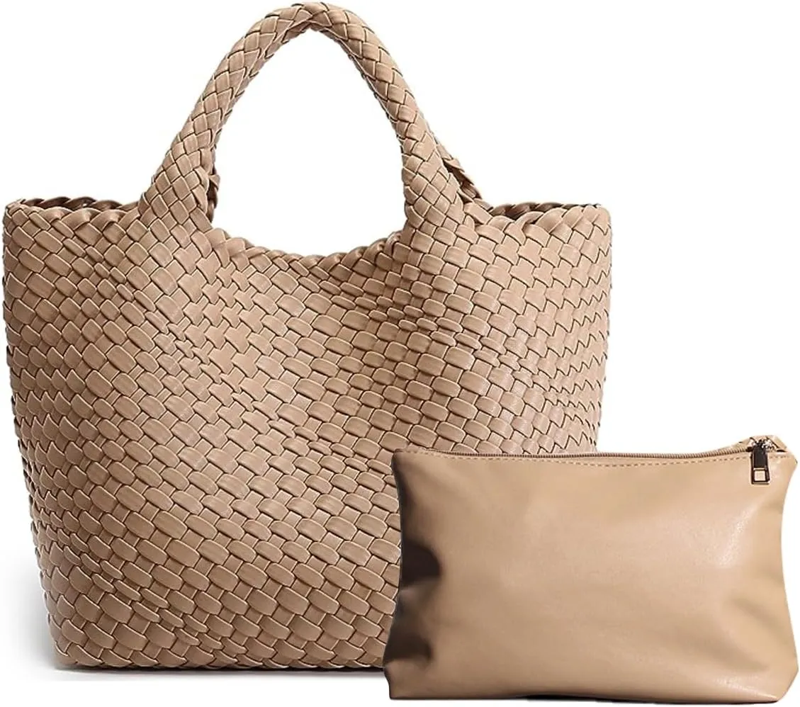 Woven Bag for Women, Soft Vegan Leather Tote Bag Large Summer Beach Travel Handbag Shoulder Bags with Purse