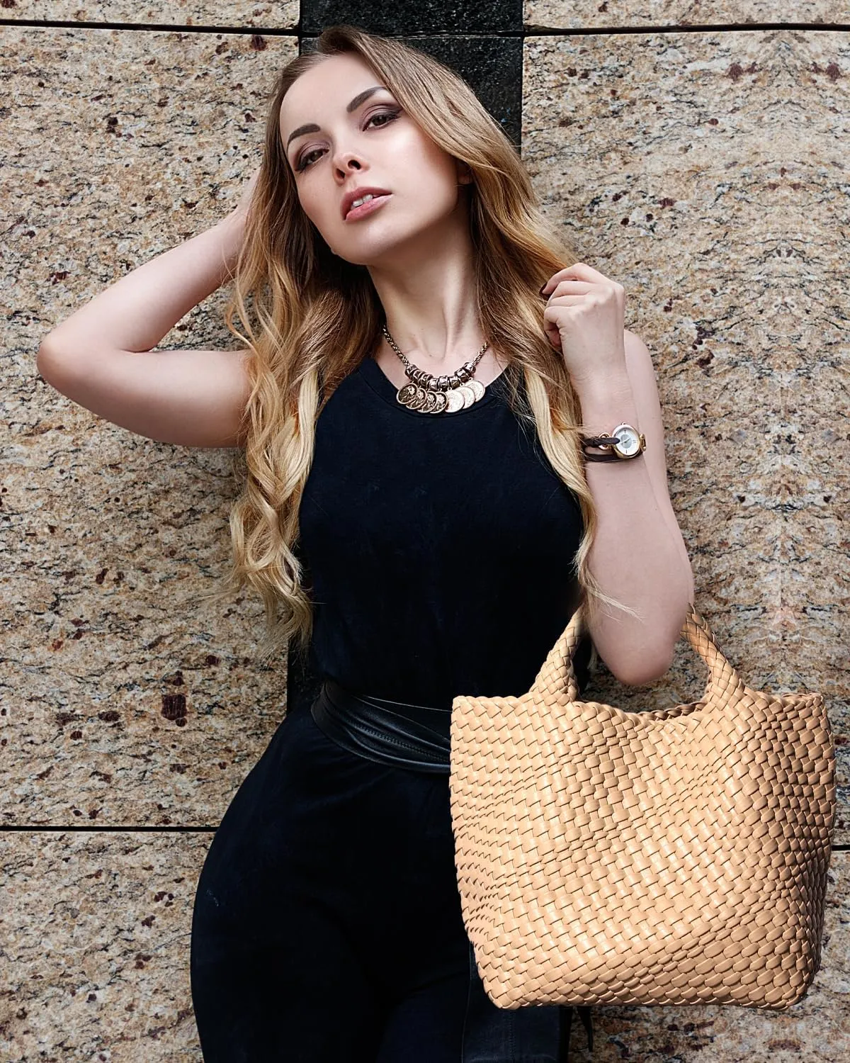 Woven Bag for Women, Soft Vegan Leather Tote Bag Large Summer Beach Travel Handbag Shoulder Bags with Purse