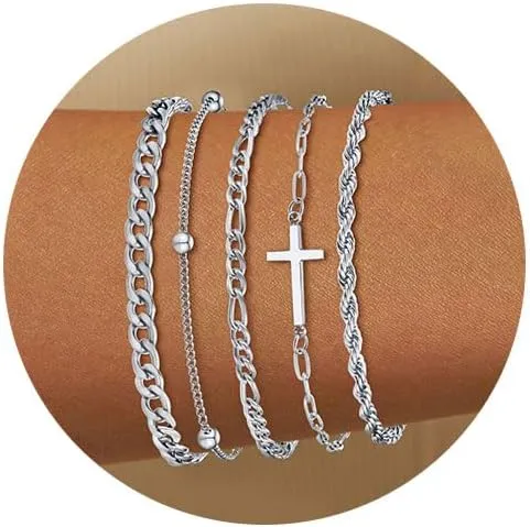 XUANPAI Women's Stackable Silver Bracelet Set - Silver Layered Chain Bracelets,Hypoallergenic Stainless Steel Charm Adjustable Gold Cross Link Jewelry,Christmas Birthday Gift for Her