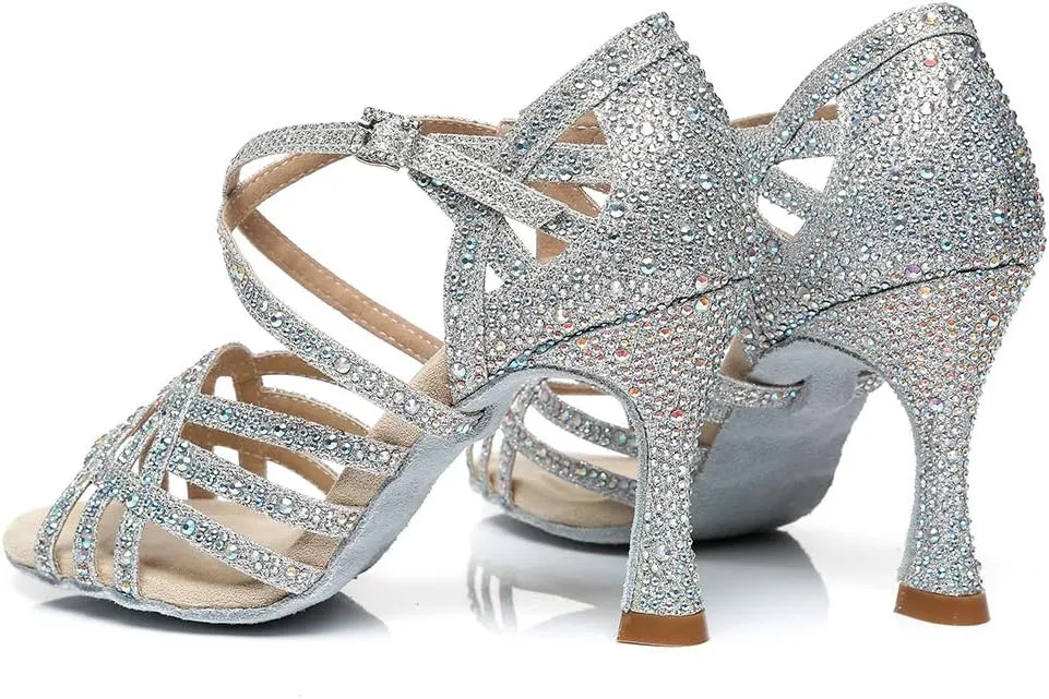 YKXLM Women Latin Dance Shoes Satin Rhinestone Ballroom Salsa Tango Professional Performance Competition Dancing Shoes,L357