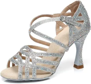 YKXLM Women Latin Dance Shoes Satin Rhinestone Ballroom Salsa Tango Professional Performance Competition Dancing Shoes,L357