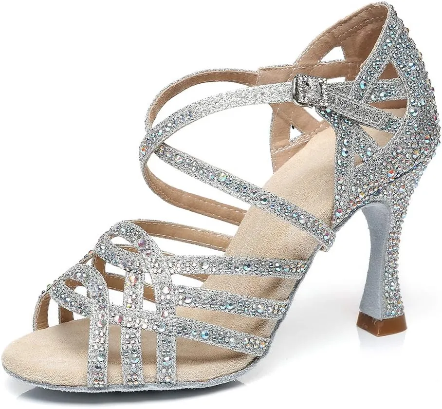 YKXLM Women Latin Dance Shoes Satin Rhinestone Ballroom Salsa Tango Professional Performance Competition Dancing Shoes,L357