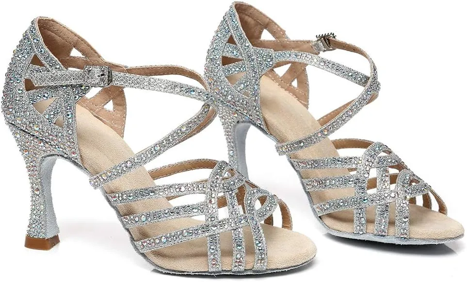 YKXLM Women Latin Dance Shoes Satin Rhinestone Ballroom Salsa Tango Professional Performance Competition Dancing Shoes,L357