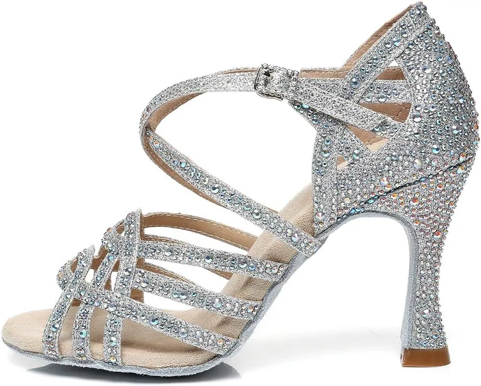 YKXLM Women Latin Dance Shoes Satin Rhinestone Ballroom Salsa Tango Professional Performance Competition Dancing Shoes,L357