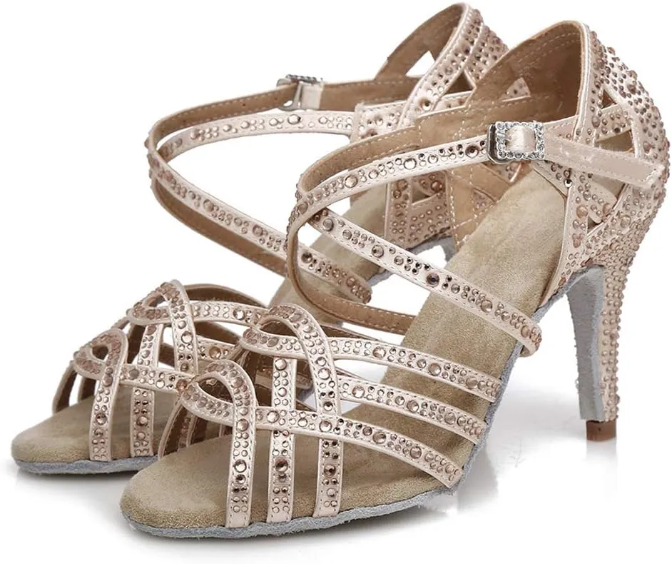 YKXLM Women Latin Dance Shoes Satin Rhinestone Ballroom Salsa Tango Professional Performance Competition Dancing Shoes,L357