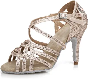 YKXLM Women Latin Dance Shoes Satin Rhinestone Ballroom Salsa Tango Professional Performance Competition Dancing Shoes,L357