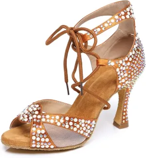 YKXLM Women's Latin Dance Shoes with Rhinestone Peep Toe Lace Up Ballroom Salsa Tango Practice Performance Dance Shoes,Model YCL452