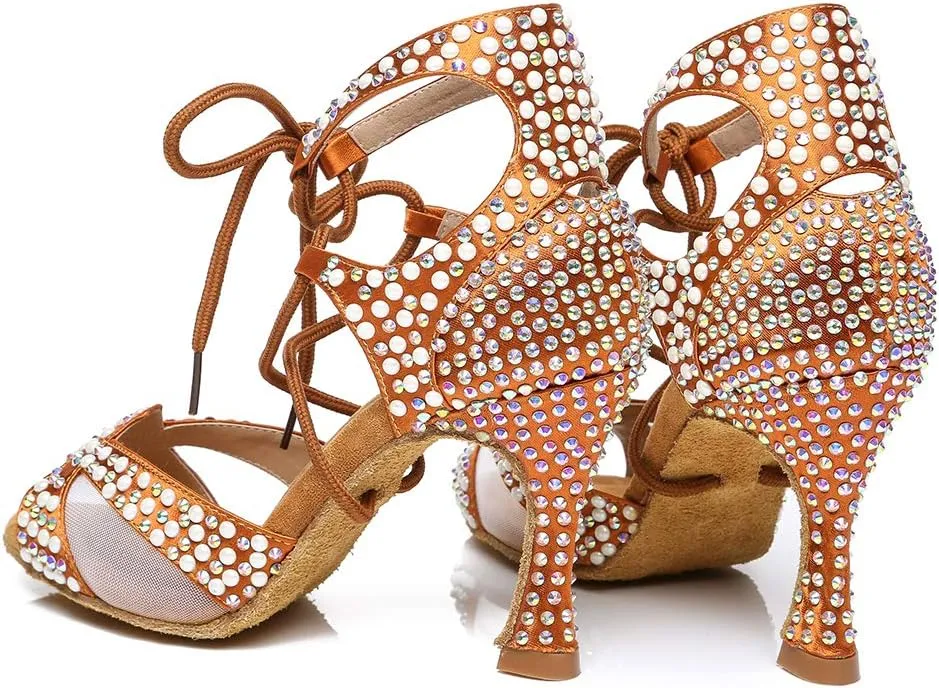 YKXLM Women's Latin Dance Shoes with Rhinestone Peep Toe Lace Up Ballroom Salsa Tango Practice Performance Dance Shoes,Model YCL452
