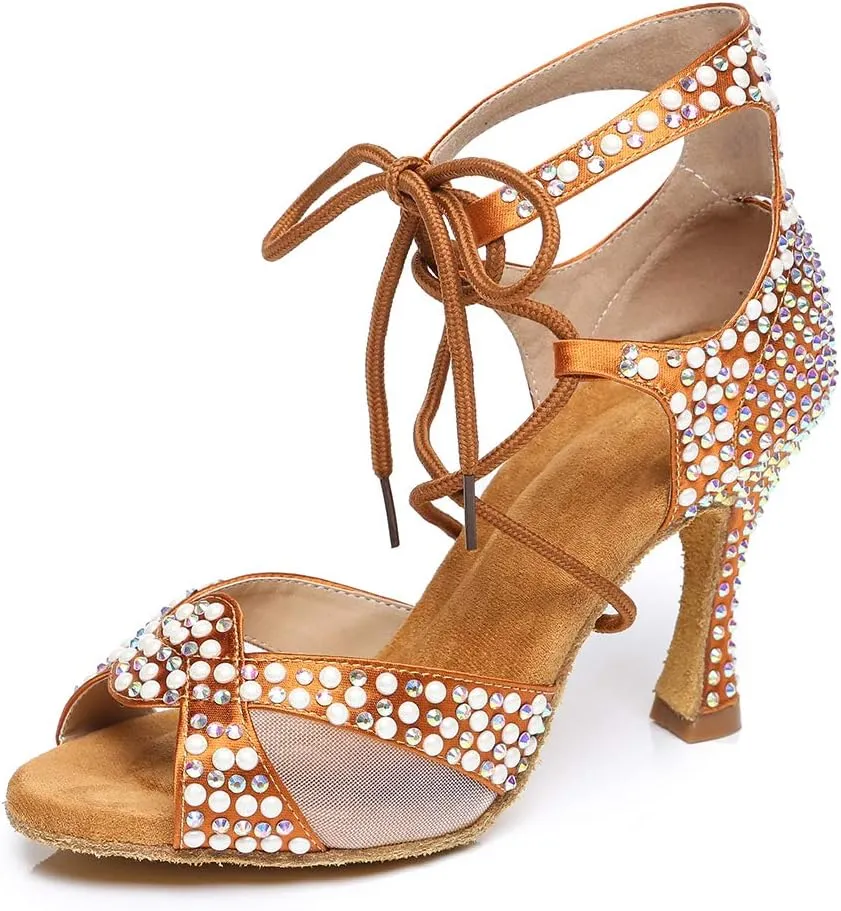 YKXLM Women's Latin Dance Shoes with Rhinestone Peep Toe Lace Up Ballroom Salsa Tango Practice Performance Dance Shoes,Model YCL452