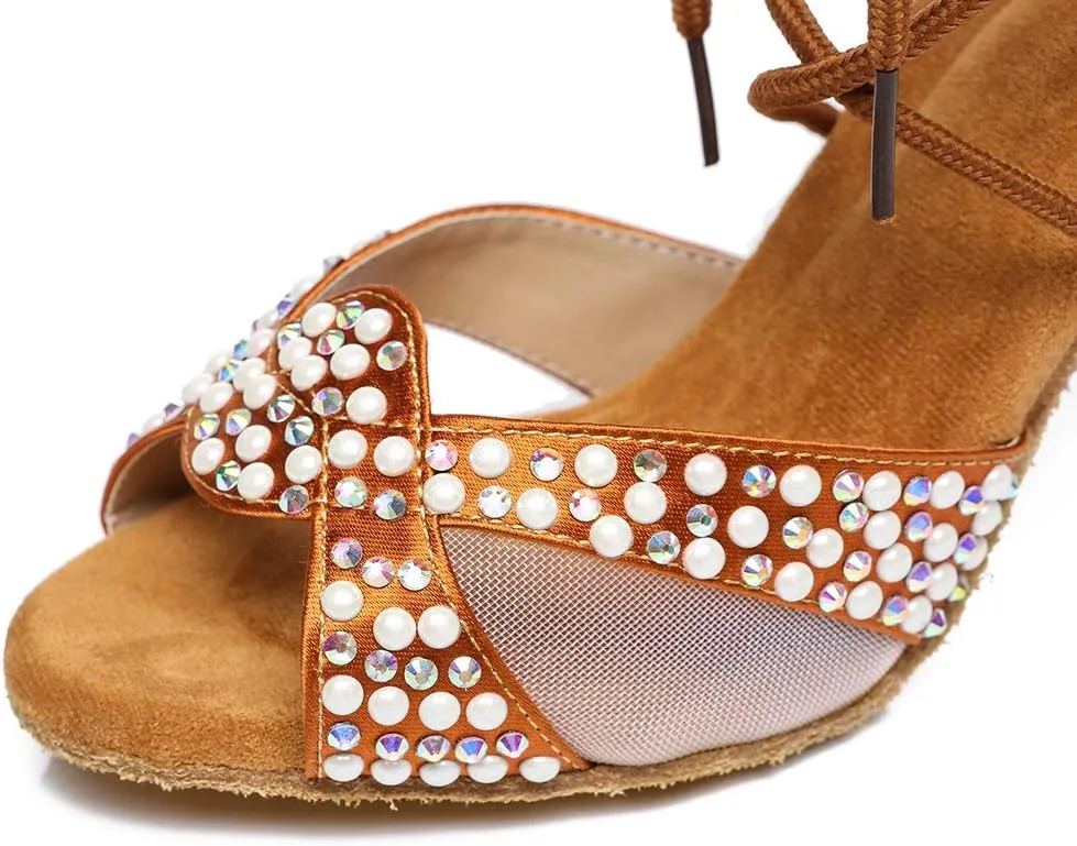 YKXLM Women's Latin Dance Shoes with Rhinestone Peep Toe Lace Up Ballroom Salsa Tango Practice Performance Dance Shoes,Model YCL452