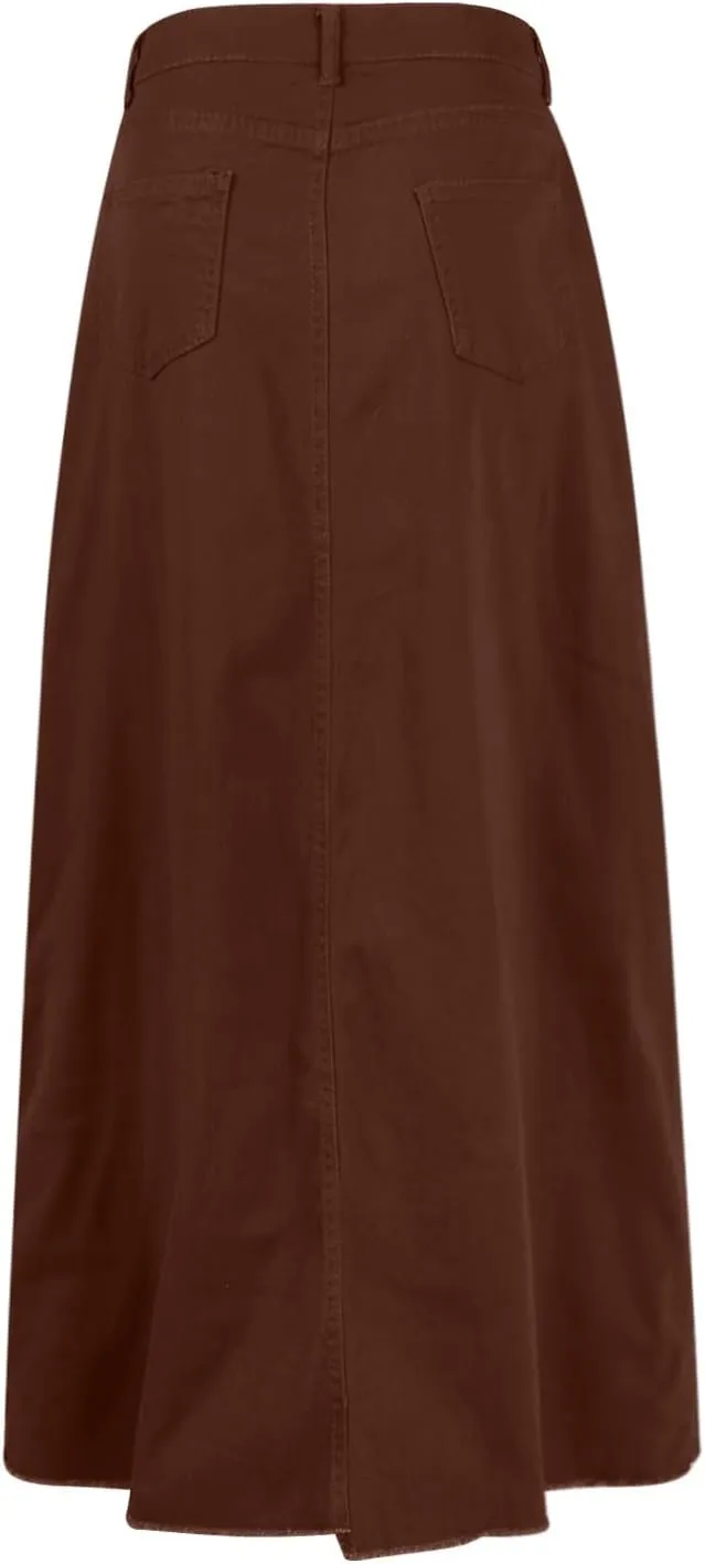 YUTANRAL Long Denim Skirt for Women Trendy Casual A-Line Maxi Skirt High Waisted Jean Skirt with Pockets