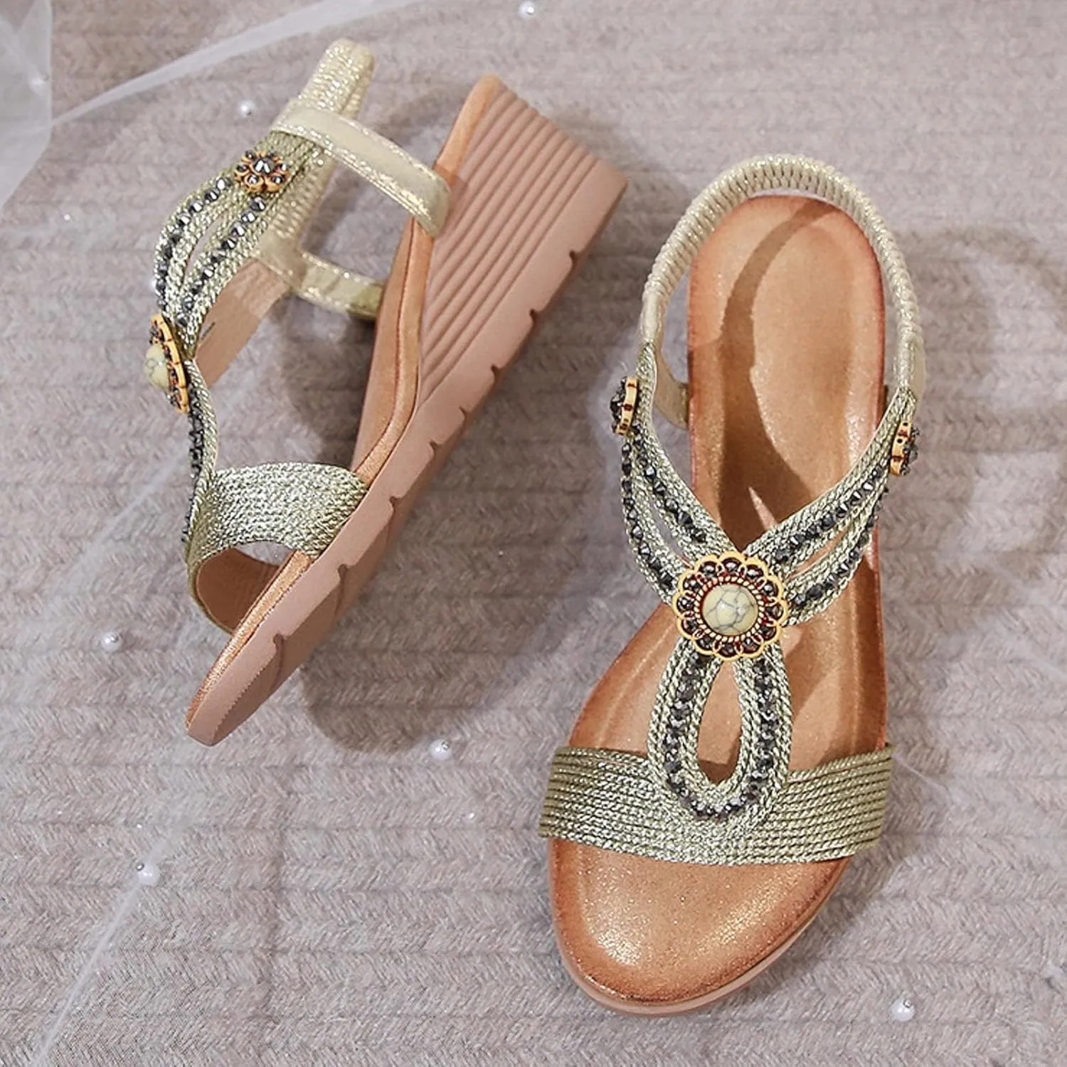 ZSpzx Women's T-strap Wedge Sandals Sparkly Rhinestone Open Toe Fashion Dressy Prom Shoes Comfortable Platform Elastic Retro Dress Summer Womens Bohe Beach Slip On Slides Ankle Strap Sandal