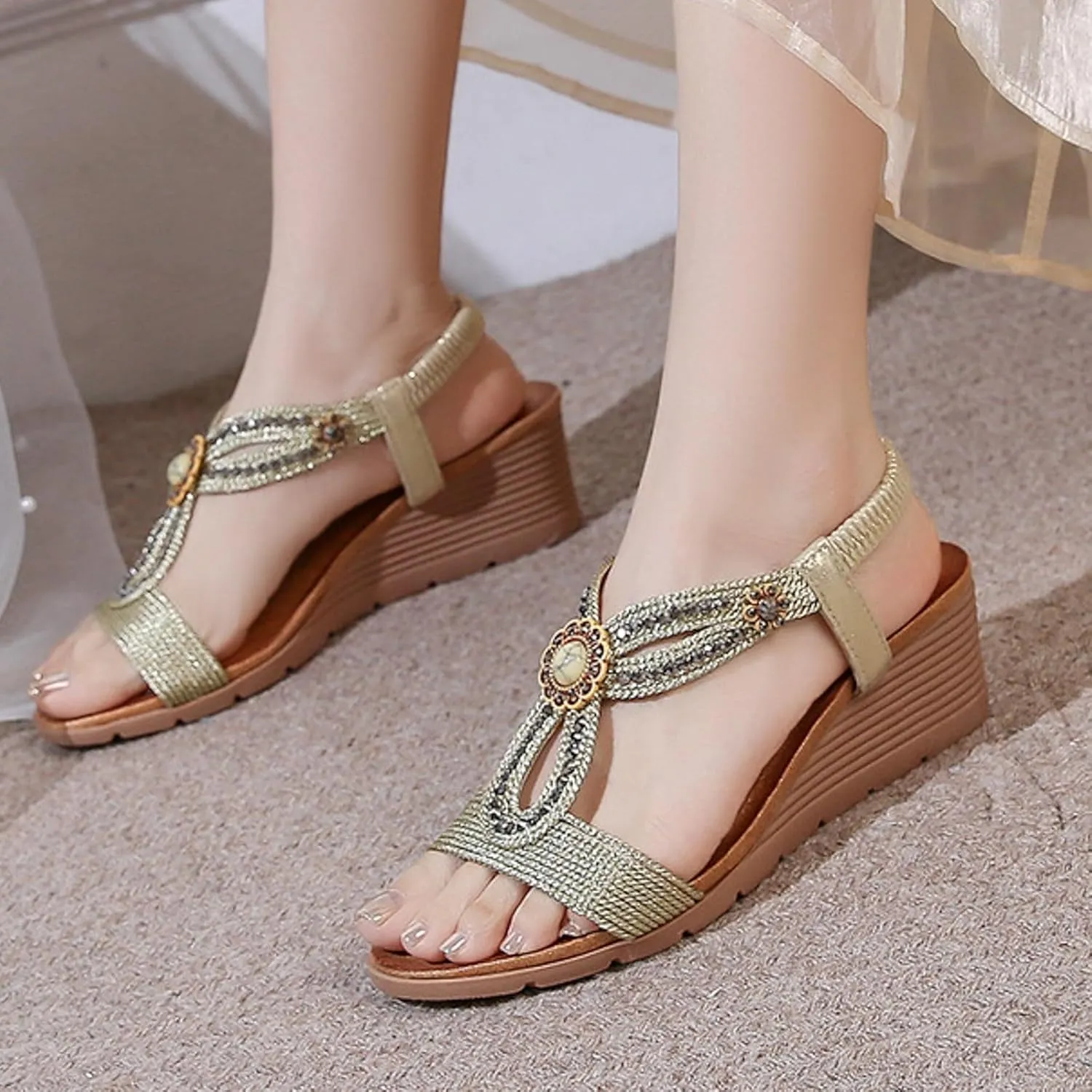 ZSpzx Women's T-strap Wedge Sandals Sparkly Rhinestone Open Toe Fashion Dressy Prom Shoes Comfortable Platform Elastic Retro Dress Summer Womens Bohe Beach Slip On Slides Ankle Strap Sandal