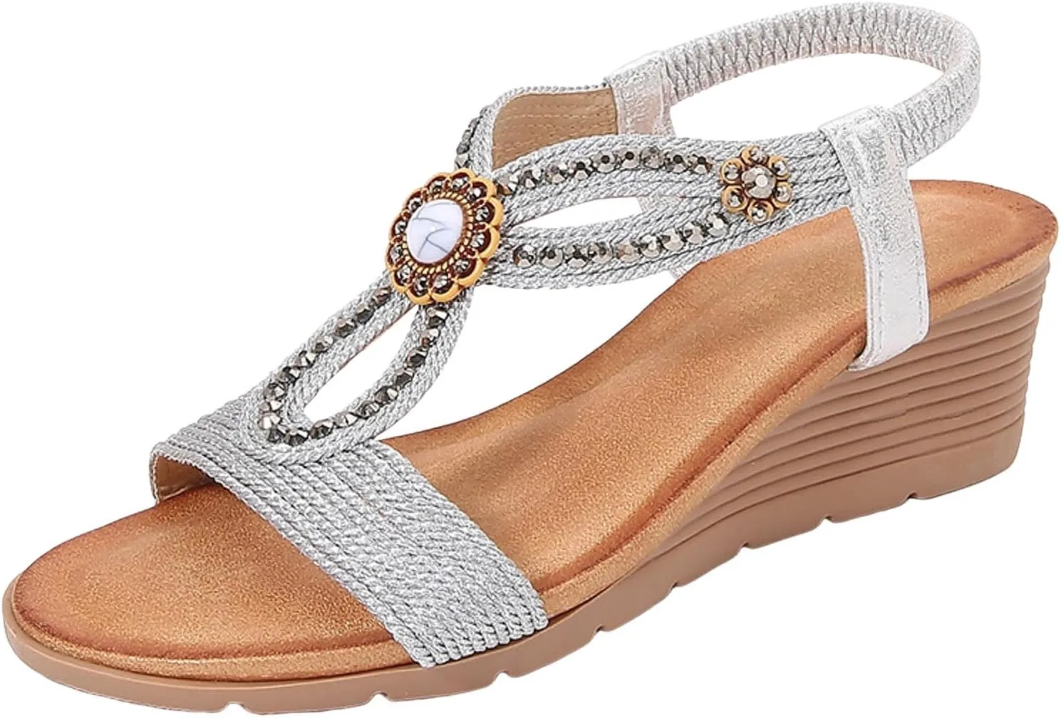 ZSpzx Women's T-strap Wedge Sandals Sparkly Rhinestone Open Toe Fashion Dressy Prom Shoes Comfortable Platform Elastic Retro Dress Summer Womens Bohe Beach Slip On Slides Ankle Strap Sandal