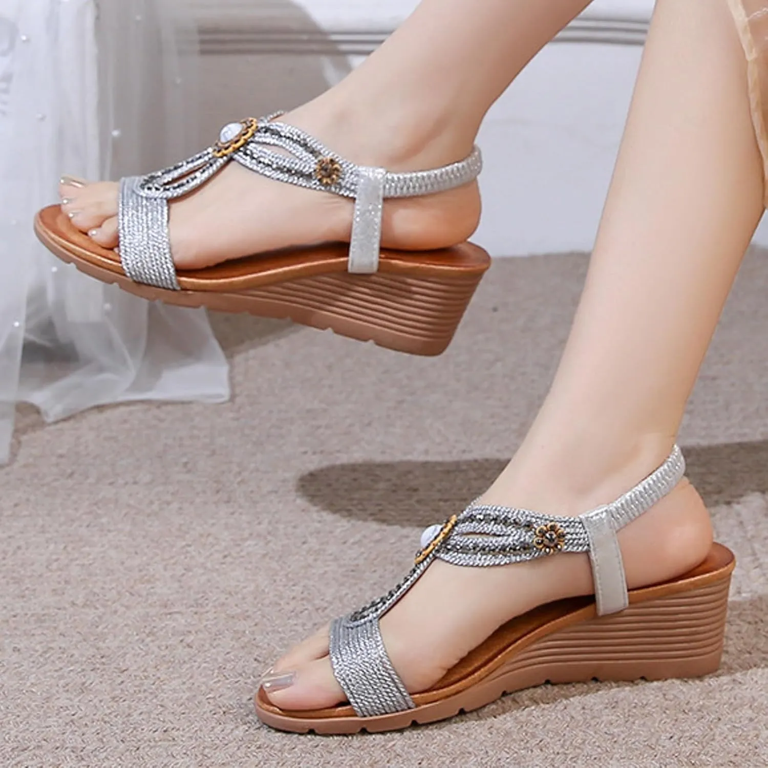 ZSpzx Women's T-strap Wedge Sandals Sparkly Rhinestone Open Toe Fashion Dressy Prom Shoes Comfortable Platform Elastic Retro Dress Summer Womens Bohe Beach Slip On Slides Ankle Strap Sandal