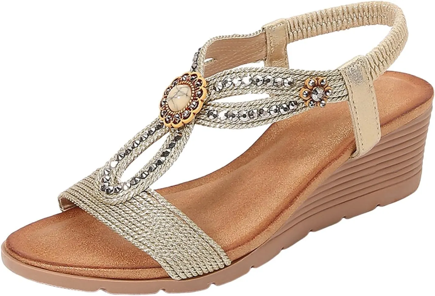 ZSpzx Women's T-strap Wedge Sandals Sparkly Rhinestone Open Toe Fashion Dressy Prom Shoes Comfortable Platform Elastic Retro Dress Summer Womens Bohe Beach Slip On Slides Ankle Strap Sandal