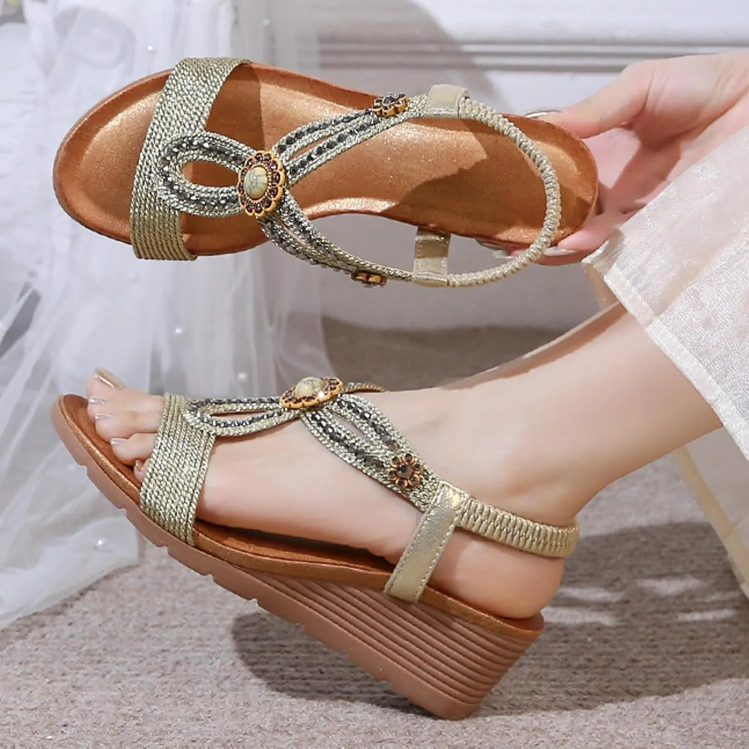 ZSpzx Women's T-strap Wedge Sandals Sparkly Rhinestone Open Toe Fashion Dressy Prom Shoes Comfortable Platform Elastic Retro Dress Summer Womens Bohe Beach Slip On Slides Ankle Strap Sandal